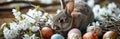 easter bunny laying on egg and spring blossoms with white peony