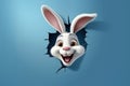 Easter Bunny with long ears peeking from a hole in light blue wall. Banner, greeting card, poster with copy space Royalty Free Stock Photo