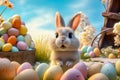 The Easter Bunny looks bright with colorful Easter eggs on Easter celebration in pastel background. Created using Generative AI