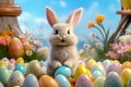 The Easter Bunny looks bright with colorful Easter eggs on Easter celebration in pastel background. Created using Generative AI