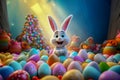 The Easter Bunny looks bright with colorful Easter eggs on Easter celebration in pastel background. Created using Generative AI