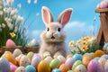 The Easter Bunny looks bright with colorful Easter eggs on Easter celebration in pastel background. Created using Generative AI