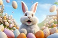 The Easter Bunny looks bright with colorful Easter eggs on Easter celebration in pastel background. Created using Generative AI