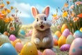 The Easter Bunny looks bright with colorful Easter eggs on Easter celebration in pastel background. Created using Generative AI