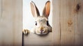 Easter bunny looks out of a hole in the wooden wall
