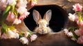 Easter bunny looks out of a hole in the wooden wall with flowers