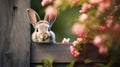 Easter bunny looks out of a wooden wall with flowers