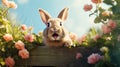 Easter bunny looks out of a wooden wall with flowers