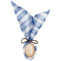 Easter bunny made of blue striped napkin and egg. Watercolor Easter table decor