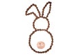 Easter bunny made of freshly roasted coffee beans and ice cream ball on a white background.
