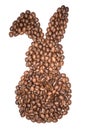 Easter bunny made of freshly roasted coffee beans on a white background.