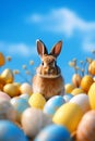 Easter bunny and many Easter eggs. Selective focus.