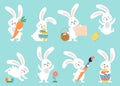 Easter bunny. Modern egg, bunnies for kids standing with placard. Rabbit or hare, spring festive animal with flower and