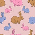Easter Bunny. Multicolored hares. Seamless vector pattern. Eared pet. Cartoon style. Repeating children`s ornament.