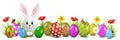 Easter bunny with painted Easter eggs and flowers isolated - vector Royalty Free Stock Photo