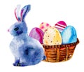 Easter bunny and painted Easter eggs in a wooden basket. Hand drawn watercolor illustration Royalty Free Stock Photo