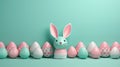 Easter bunny with painted multi-colored eggs on a light background with space for text and congratulations. Creative horizontal