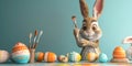 Easter bunny painting an egg, with various decorated eggs around it and plenty of copy space Royalty Free Stock Photo