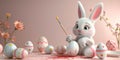Easter bunny painting an egg, with various decorated eggs around it and plenty of copy space Royalty Free Stock Photo