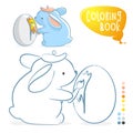 Easter Bunny paints an egg. Coloring book page. Cartoon Vector Royalty Free Stock Photo