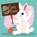 Easter Bunny with Paschal Eggs and Greeting Sign, Vector Illustration