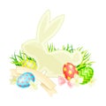 Easter Bunny with Paschal Eggs Rested in Green Grass with Spring Flowers and Ribbon Vector Arrangement