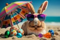 Easter bunny with pink and blue sunglasses and colorful sunshade