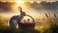 Easter Bunny placing eggs in a misty meadow at dawn. Royalty Free Stock Photo