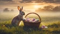 Easter Bunny placing eggs in a misty meadow at dawn. Royalty Free Stock Photo