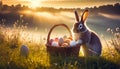 Easter Bunny placing eggs in a misty meadow at dawn. Royalty Free Stock Photo