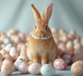 An easter bunny poses beside a vibrant pile of eggs, easter bunny concept