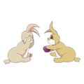 Easter bunny prepared a color egg as a gift for his friend, isolated rabbits in Cartoon style, Easter bunnies with an egg on white