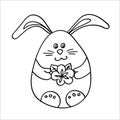 Pretty Easter Bunny with a flower in his paws. Vector illustration in Doodle style. Isolated object on a white background.