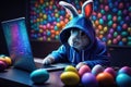 The Easter Bunny is a programmer. The Easter bunny is working at the computer. Generated by AI. Royalty Free Stock Photo