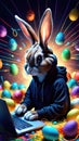 The Easter Bunny is a programmer. The Easter bunny is working at the computer. Generated by AI. Royalty Free Stock Photo