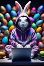 The Easter Bunny is a programmer. The Easter bunny is working at the computer. Generated by AI. Royalty Free Stock Photo