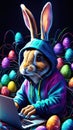 The Easter Bunny is a programmer. The Easter bunny is working at the computer. Generated by AI. Royalty Free Stock Photo