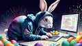 The Easter Bunny is a programmer. The Easter bunny is working at the computer. The hacker rabbit. Royalty Free Stock Photo