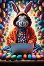 The Easter Bunny is a programmer. The Easter bunny is working at the computer. Generated by AI. Royalty Free Stock Photo