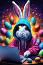 The Easter Bunny is a programmer. The Easter bunny is working at the computer. Generated by AI. Royalty Free Stock Photo
