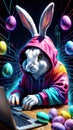 The Easter Bunny is a programmer. The Easter bunny is working at the computer. Generated by AI. Royalty Free Stock Photo
