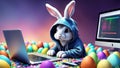 The Easter Bunny is a programmer. The Easter bunny is working at the computer. Generated by AI. Royalty Free Stock Photo