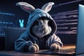 The Easter Bunny is a programmer. The Easter bunny is working at the computer. Generated by AI. Royalty Free Stock Photo