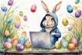 The Easter Bunny is a programmer. The Easter bunny is working at the computer. The hacker rabbit. Royalty Free Stock Photo