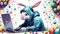 The Easter Bunny is a programmer. The Easter bunny is working at the computer. The hacker rabbit. Royalty Free Stock Photo