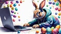 The Easter Bunny is a programmer. The Easter bunny is working at the computer. The hacker rabbit. Royalty Free Stock Photo