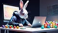 The Easter Bunny is a programmer. The Easter bunny is working at the computer. The hacker rabbit. Royalty Free Stock Photo