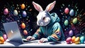 The Easter Bunny is a programmer. The Easter bunny is working at the computer. The hacker rabbit.
