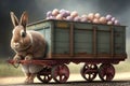 An Easter bunny pulls a wagon full of Easter eggs.