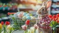 Easter bunny pushing cart with tulips and Easter eggs in the shopping center Royalty Free Stock Photo